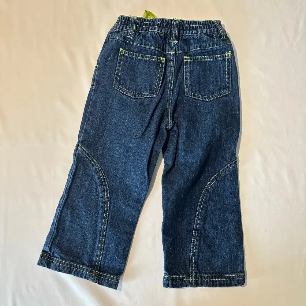 Vintage B.T. Kids Flower Embroidered Denim Jeans w/ Green Fabric Belt Sz 5T